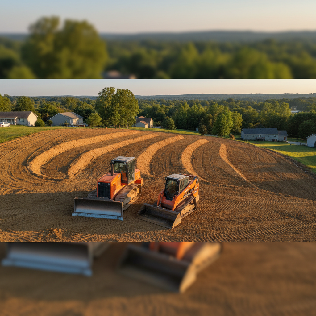 A wide panoramic view of a recently cleared and graded hillside lot in Westmoreland County, the ground smoothed into clean, level terraces of compacted brown soil with subtle track marks from heavy machinery. In the foreground, a bright orange bulldozer and a mid-size skid steer are parked neatly side by side, their metal blades and buckets showing a light coating of dust. Late afternoon sunlight casts a warm golden glow, highlighting the contours of the grading and creating long, soft shadows. Photographic realism, slightly elevated angle to show the full expanse of the site, with a mix of trees and modest homes in the distant background, conveying a sense of order, readiness, and professional land preparation.