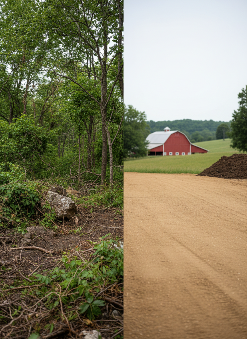 A detailed before-and-after style construction site scene split down the center: on the left, dense overgrown brush, small trees, and uneven rocky ground; on the right, the same area fully cleared and professionally graded into a smooth, gently sloping pad ready for building. Both halves share the same faint outline of a barn and hillside in the distance, typical of rural Fayette County. Diffused midday natural light ensures clarity in branches, roots, and soil textures. Photographic realism with balanced composition and sharp focus, emphasizing transformation and precision. In the cleared half, subtle tire impressions and neatly piled topsoil at the edge hint at recent land clearing and excavation work, underscoring the effectiveness of professional site preparation.
