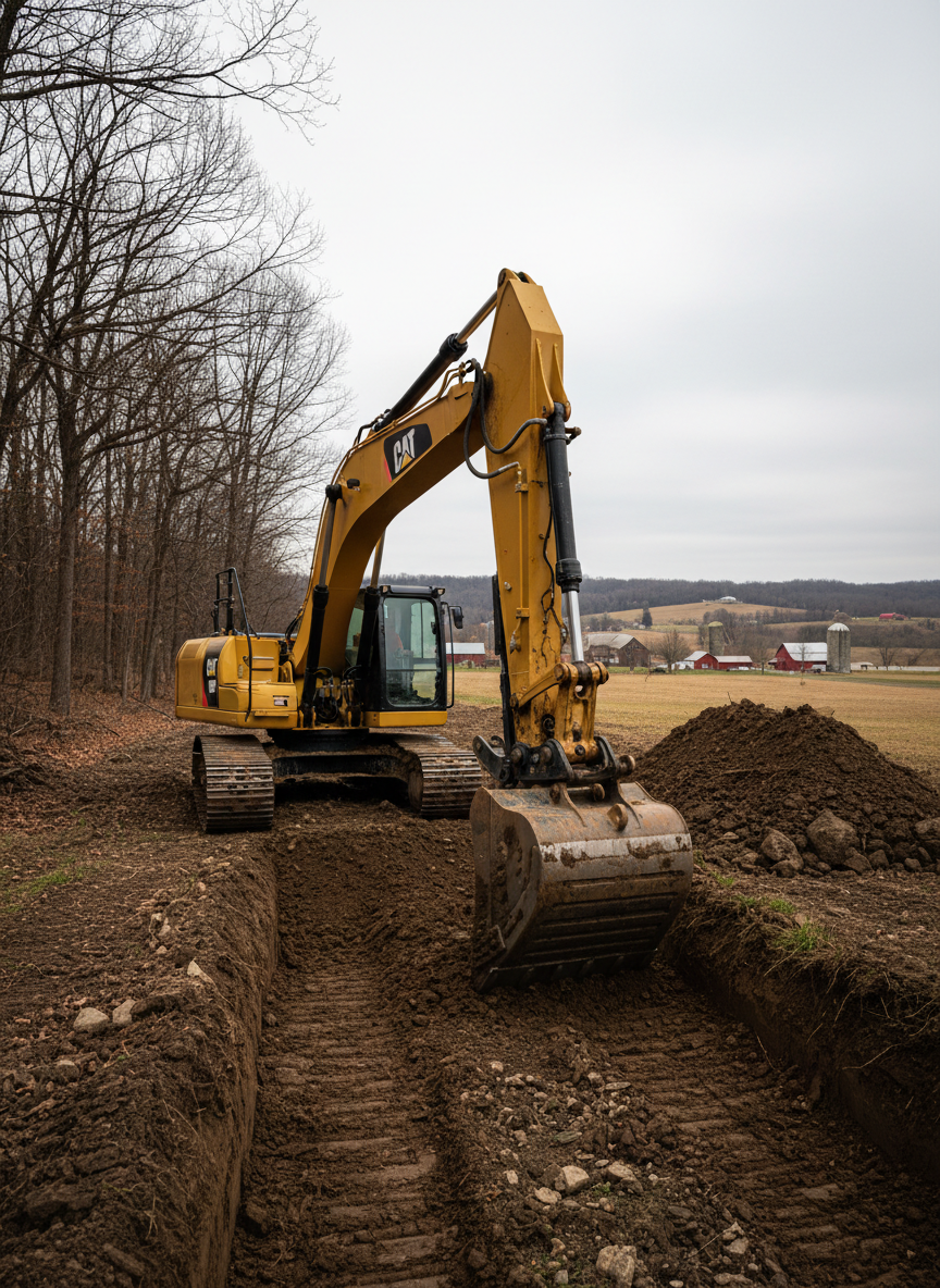 A large yellow hydraulic excavator with a heavy-duty rock bucket, its steel tracks firmly pressed into dark Pennsylvania soil, digging a precise trench on a semi-rural property. The machine is positioned beside a partially wooded area in Fayette County, with cleared land opening into gently rolling hills and scattered farm buildings in the distance. Overcast daylight creates diffused, even lighting with soft shadows and clear detail on hoses, joints, and metal textures. Photographic realism, eye-level composition with sharp focus throughout, conveying reliability and control. Freshly graded earth and piles of excavated dirt frame the excavator, emphasizing professional excavation work in progress for a new foundation or utility line.
