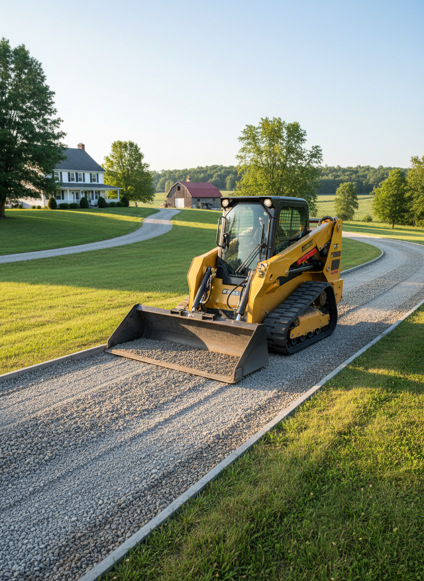 A robust yellow compact track loader fitted with a smooth grading bucket, carefully leveling a long gravel driveway that curves gently toward a distant farmhouse. The bucket glides over grey and tan crushed stone, creating clean, even passes with crisp edges between driveway and grassy shoulders. Soft, bright morning light from a clear sky adds subtle highlights to the loader’s metal surfaces and casts short, well-defined shadows, emphasizing depth and accuracy. Photographic realism, three-quarter angle view capturing both machine and full length of the drive, with surrounding trees and a distant barn placing the scene in southwestern Pennsylvania. The mood is professional and orderly, showcasing precision grading for residential access.