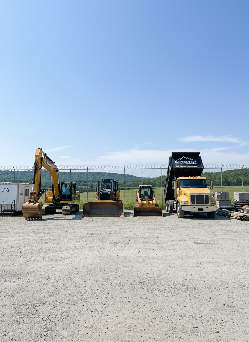 A professional-looking equipment yard for an excavation company, featuring a clean lineup of machines: a large excavator, a bulldozer, a compact track loader, and a dump truck, all in matching company colors of deep yellow and black. They are parked on a well-maintained gravel lot with minimal grass intrusion, surrounded by a chain-link fence and backed by low green hills. Bright, clear midday sunlight provides crisp, even illumination and strong but not harsh shadows, highlighting the metal, rubber tracks, and hydraulic lines. Photographic realism, eye-level wide shot with centered composition, creating an organized, trustworthy impression. A small portable office trailer and neatly stacked supplies suggest a reliable, established excavation and land clearing business serving Fayette and Westmoreland counties.