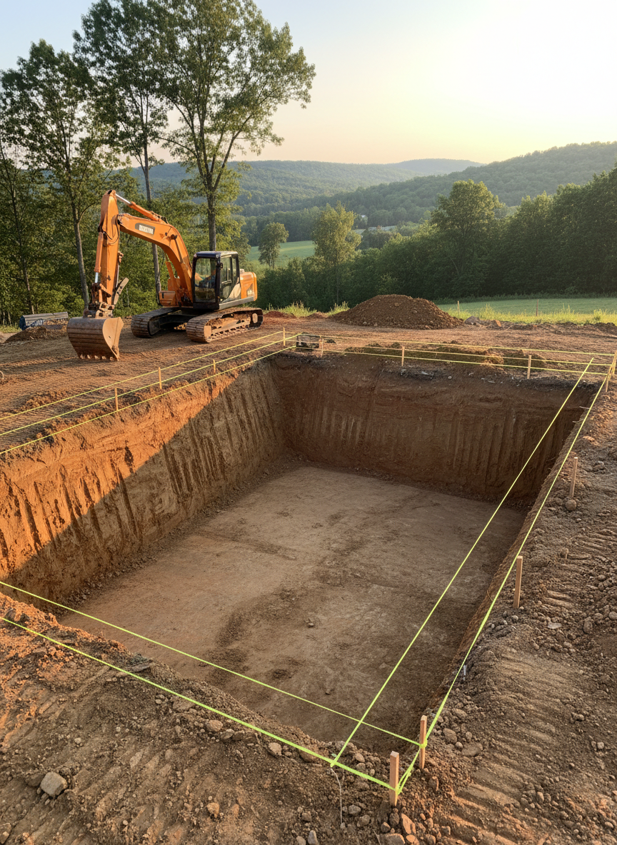 A completed excavation project for a new home foundation, showing a large rectangular pit with crisp, straight edges and stepped sides cut into compacted brown and reddish soil. The bottom of the excavation is level and clean, with laser-straight string lines and wooden stakes marking corners along the perimeter. A medium-sized excavator is parked just beyond the cut, its bucket resting neatly on the ground. Late-day sunlight from the side creates defined shadows along the walls of the excavation, accentuating depth and accuracy. Photographic realism, slightly elevated viewpoint looking diagonally into the pit, with a few mature trees and rolling Westmoreland County hills in the background, conveying meticulous, professional digging work.